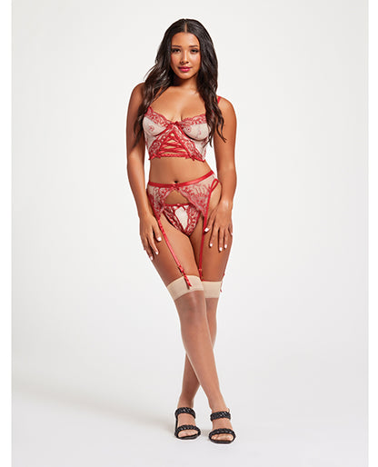 Sheer Stretch Mesh W/floral Contrast Embroidery Bustier, Garter Belt & Thong Red/nude Md - LUST Depot