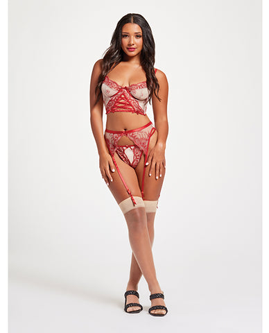 Sheer Stretch Mesh W/floral Contrast Embroidery Bustier, Garter Belt & Thong Red/nude Md