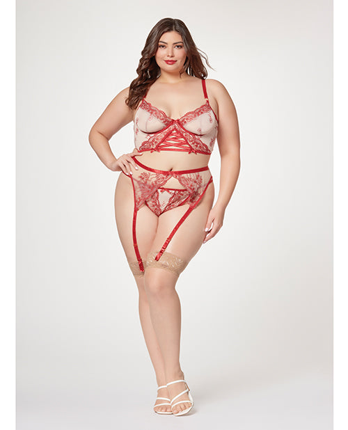 Sheer Stretch Mesh W/floral Contrast Embroidery Bustier, Garter Belt & Thong Red/nude 1x/2x - LUST Depot