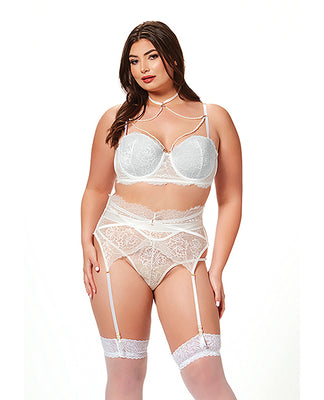 Lace & Pearl Bra, Garter Belt & Thong White 3x/4x