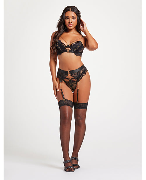 Scalloped Lace Bra W/gold Chain, Garter Belt & Thong Black Lg - LUST Depot