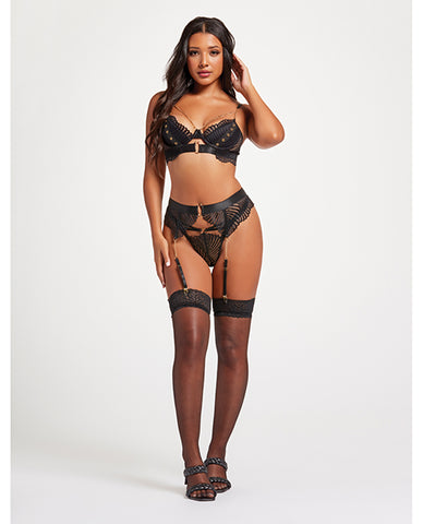 Scalloped Lace Bra W/gold Chain, Garter Belt & Thong Black Lg