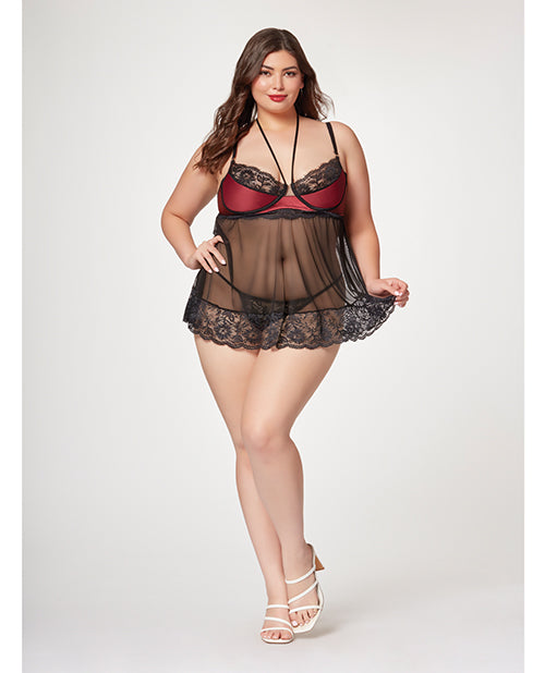 Satin & Lace Halter Demi Cup Babydoll & Thong Black/wine 3x/4x - LUST Depot