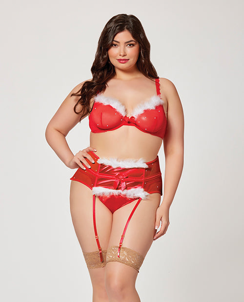 Holiday Sparkle Mesh Bra W/marabou Trim, Garter Belt & Panty Red 3x/4x - LUST Depot