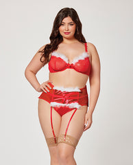 Holiday Sparkle Mesh Bra W/marabou Trim, Garter Belt & Panty Red 3x/4x