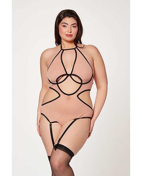 Mesh Cut Out Halter Teddy Nude/black Qn - LUST Depot