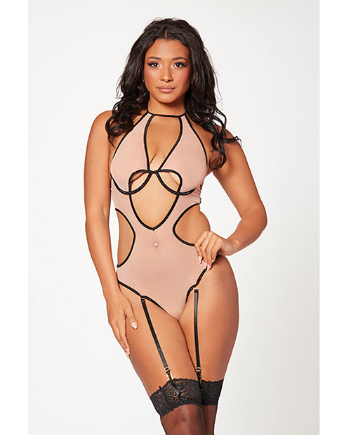 Mesh Cut Out Halter Teddy Nude/black O/s - LUST Depot