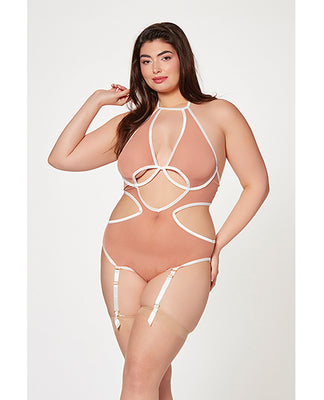 Mesh Cut Out Halter Teddy Nude/white Qn