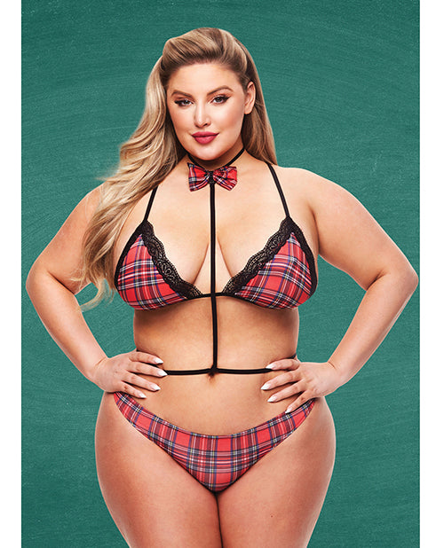 Teacher's Pet Baddie Schoolgirl Top W/bow Tie & Panty Red/black Qn - LUST Depot