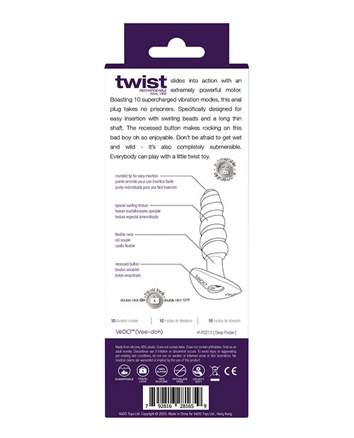 Vedo Twist Rechargeable Anal Plug - Purple - LUST Depot