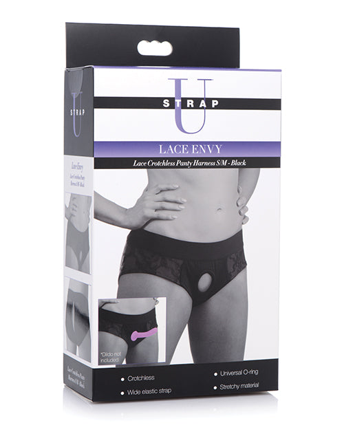 Strap U Lace Crotchless Panty Harness - Black S-m - LUST Depot