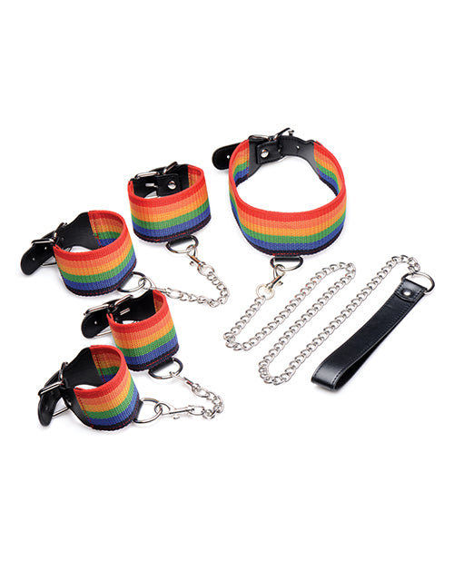 Master Series Kinky Pride Rainbow Bondage Set - Wrist & Ankle Cuffs & Collar W-leash - LUST Depot