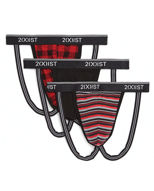 2xist 3 Pk Stretch Fashion Jock Strap Plaid, Black & Stripes Sm - LUST Depot