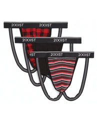 2xist 3 Pk Stretch Fashion Jock Strap Plaid, Black & Stripes Sm